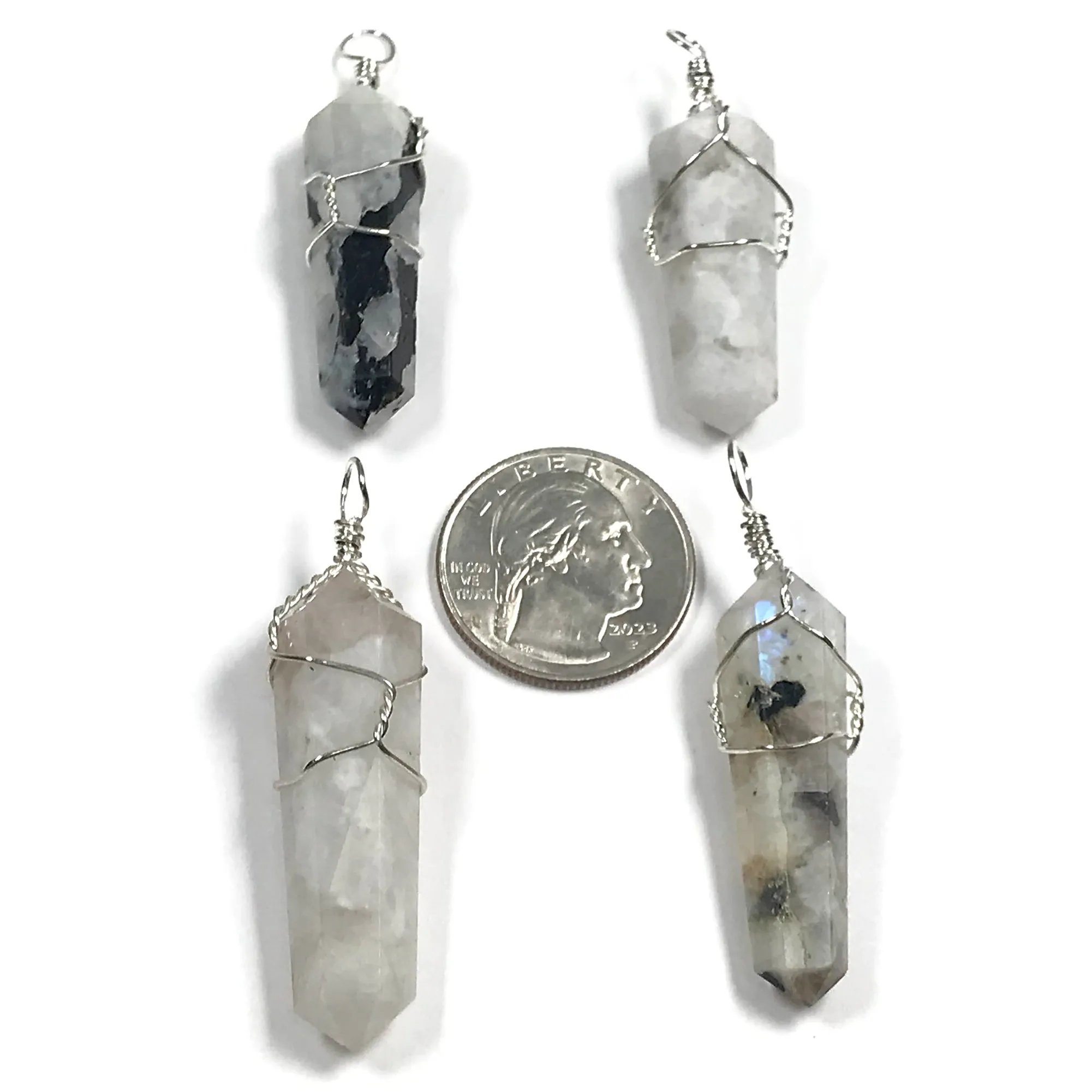 Rainbow Moonstone Pointed Pendant With Wire Wrapped Charms
