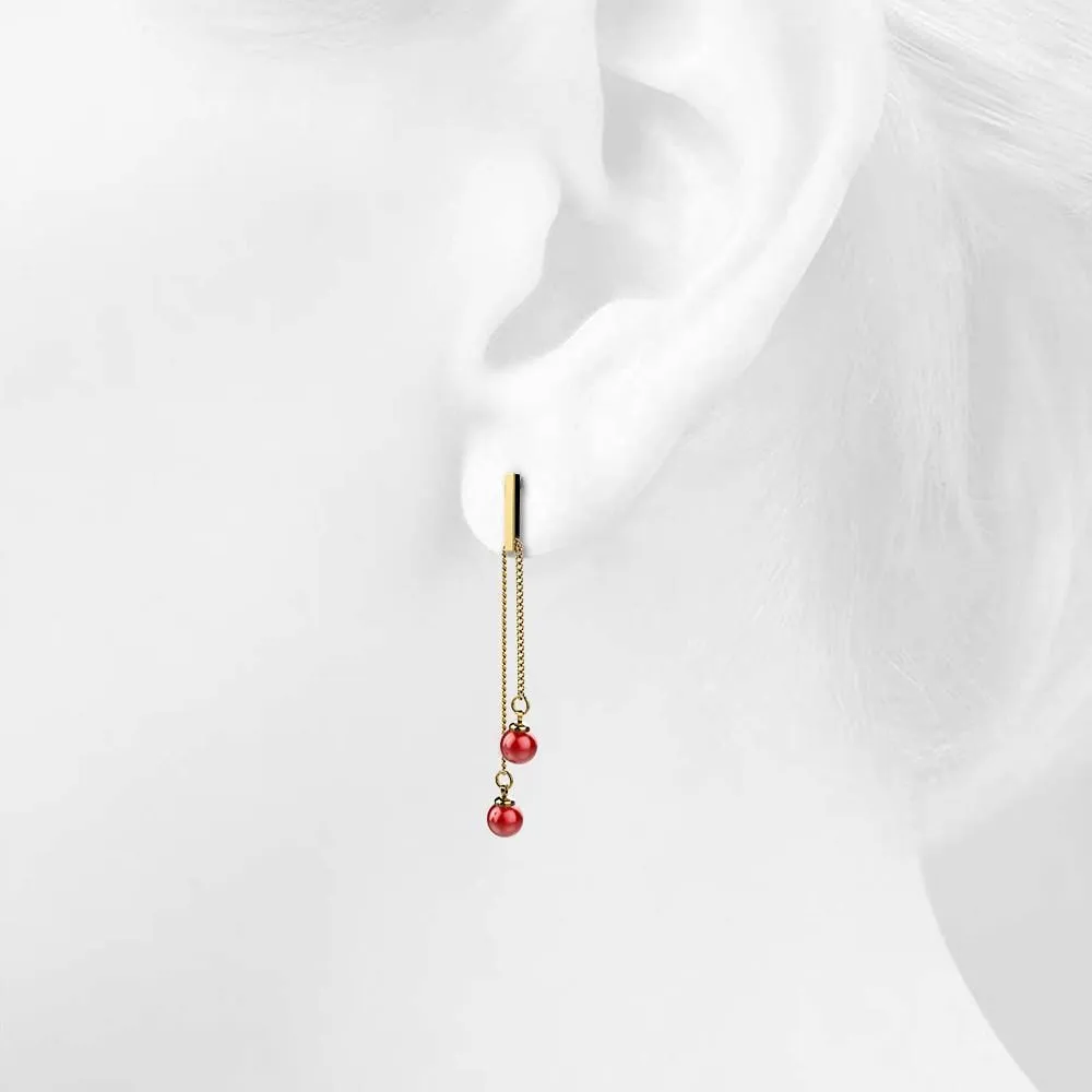 Red Dot Dangle Gold Layered Earrings