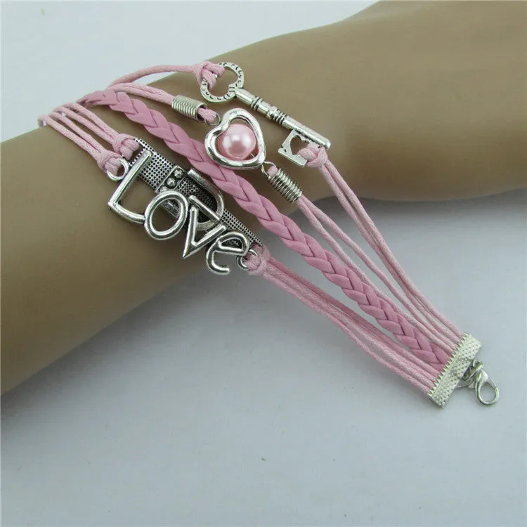 Romantic Pink LOVE Hearts Pearl Key Ring Bracelet