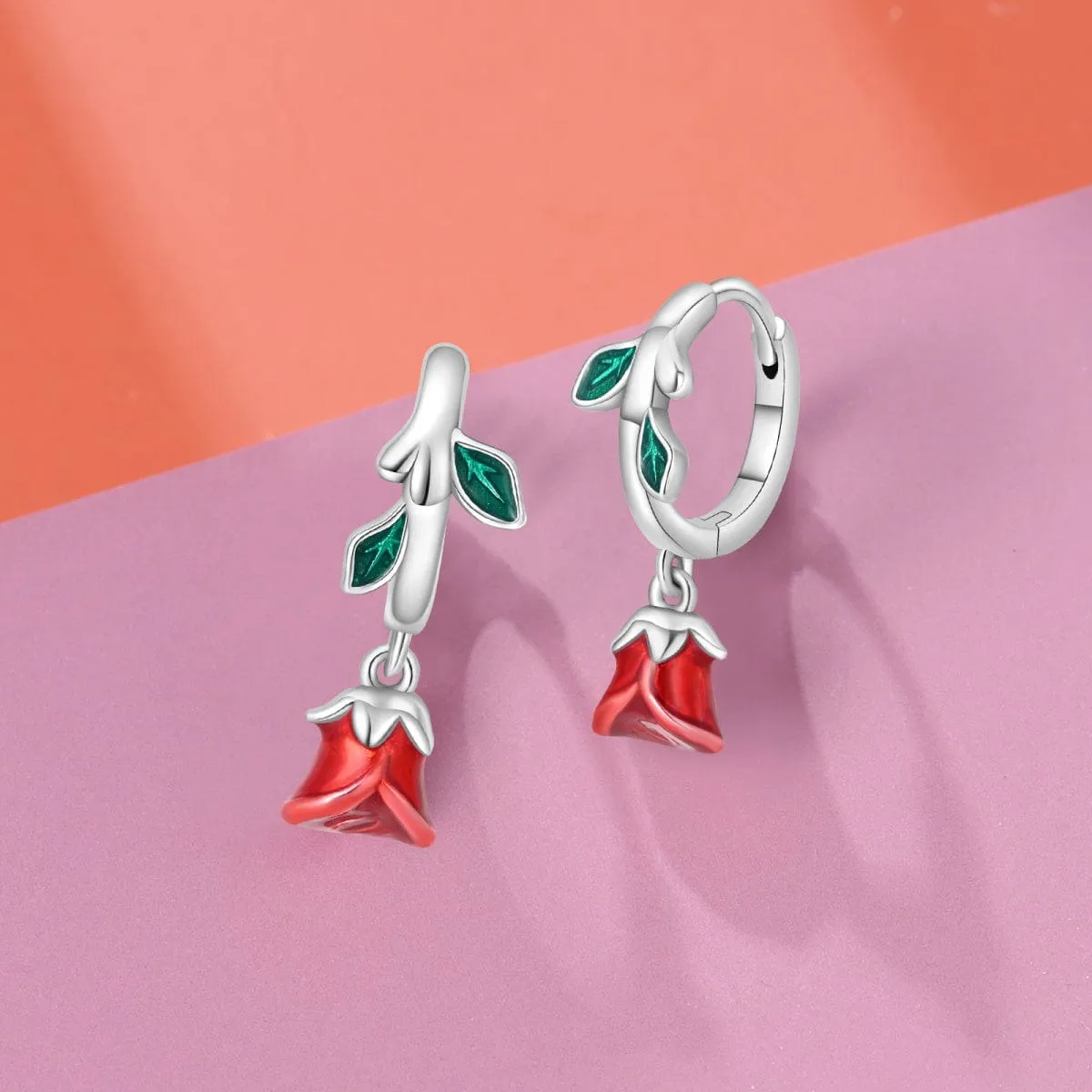 Romantic Red Rose Drop Earrings with Enamel Leaves