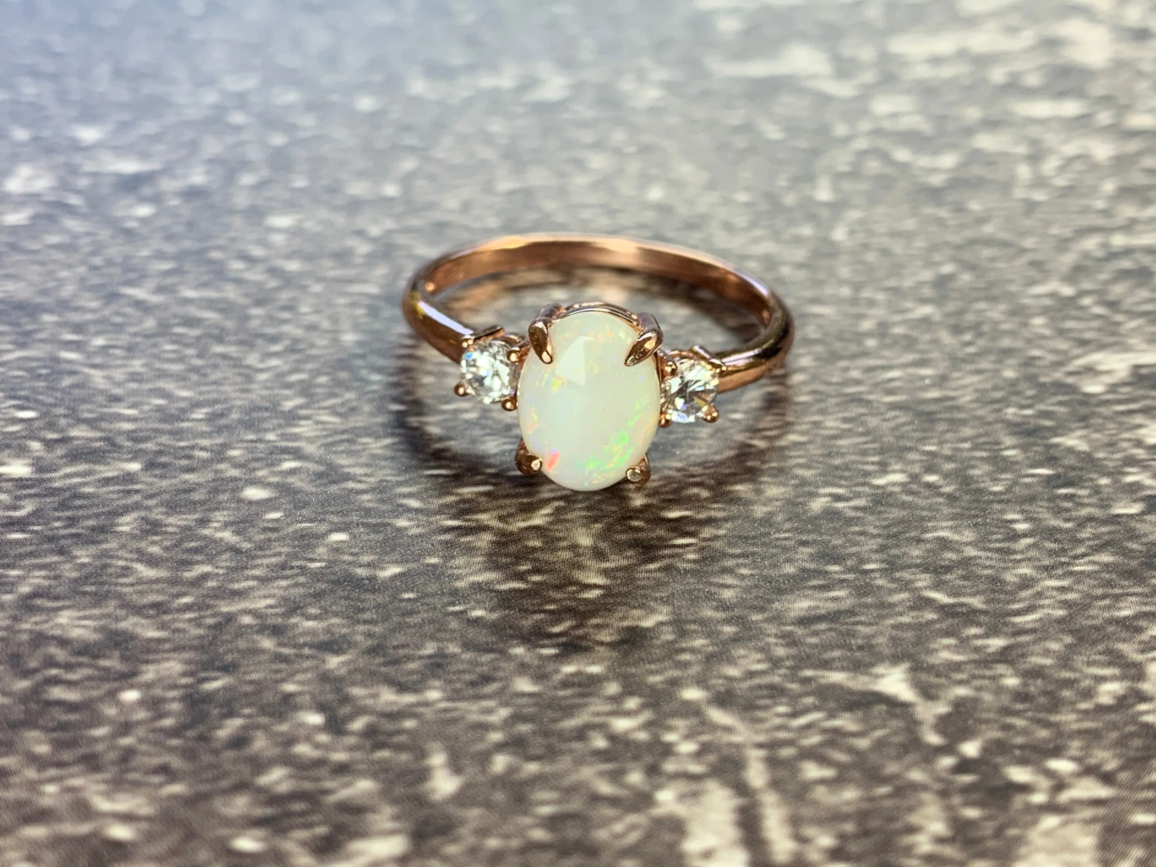 Rose Gold Plated Sterling SIlver 10x8mm White Opal ring trilogy