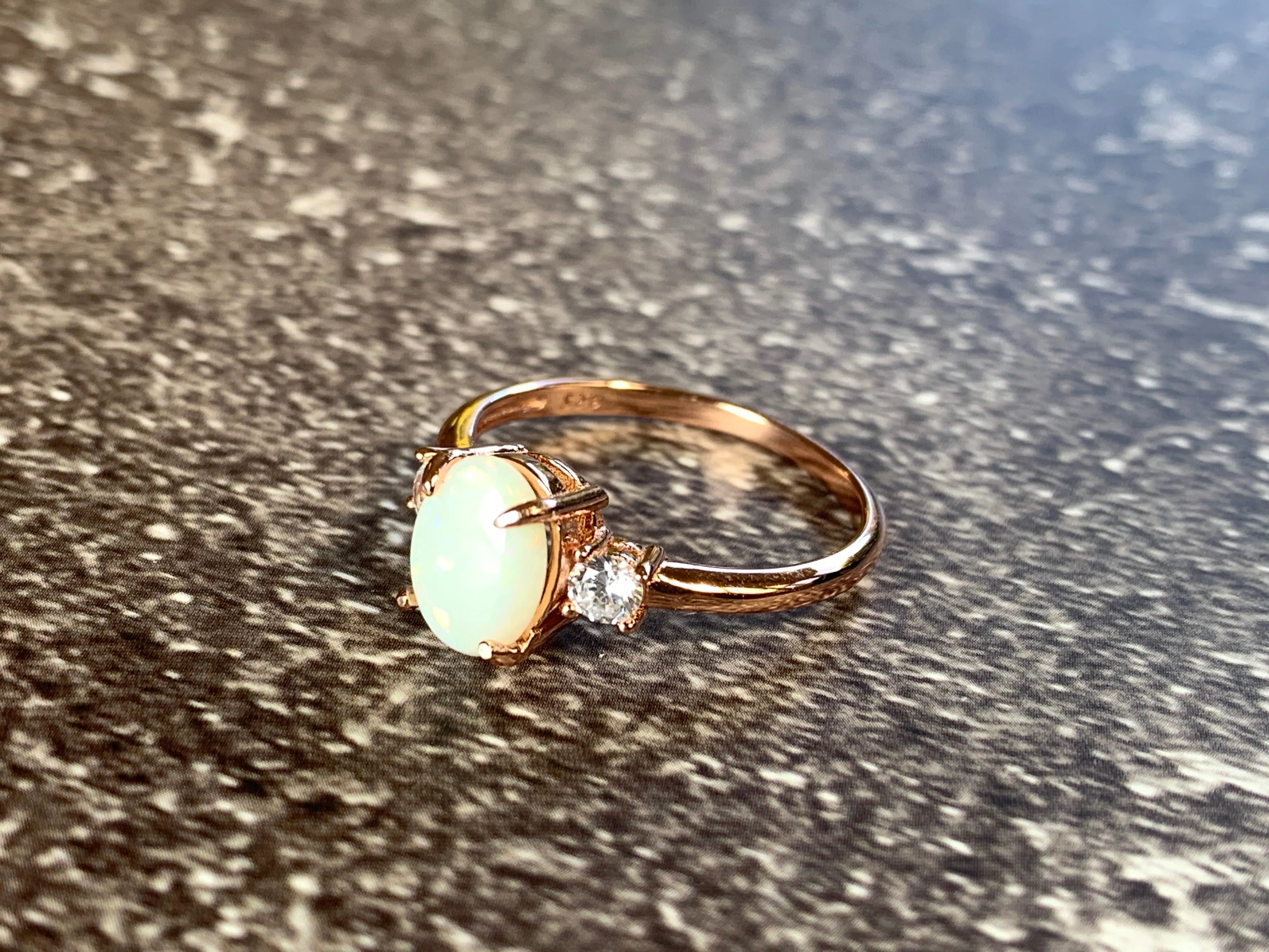Rose Gold Plated Sterling SIlver 10x8mm White Opal ring trilogy