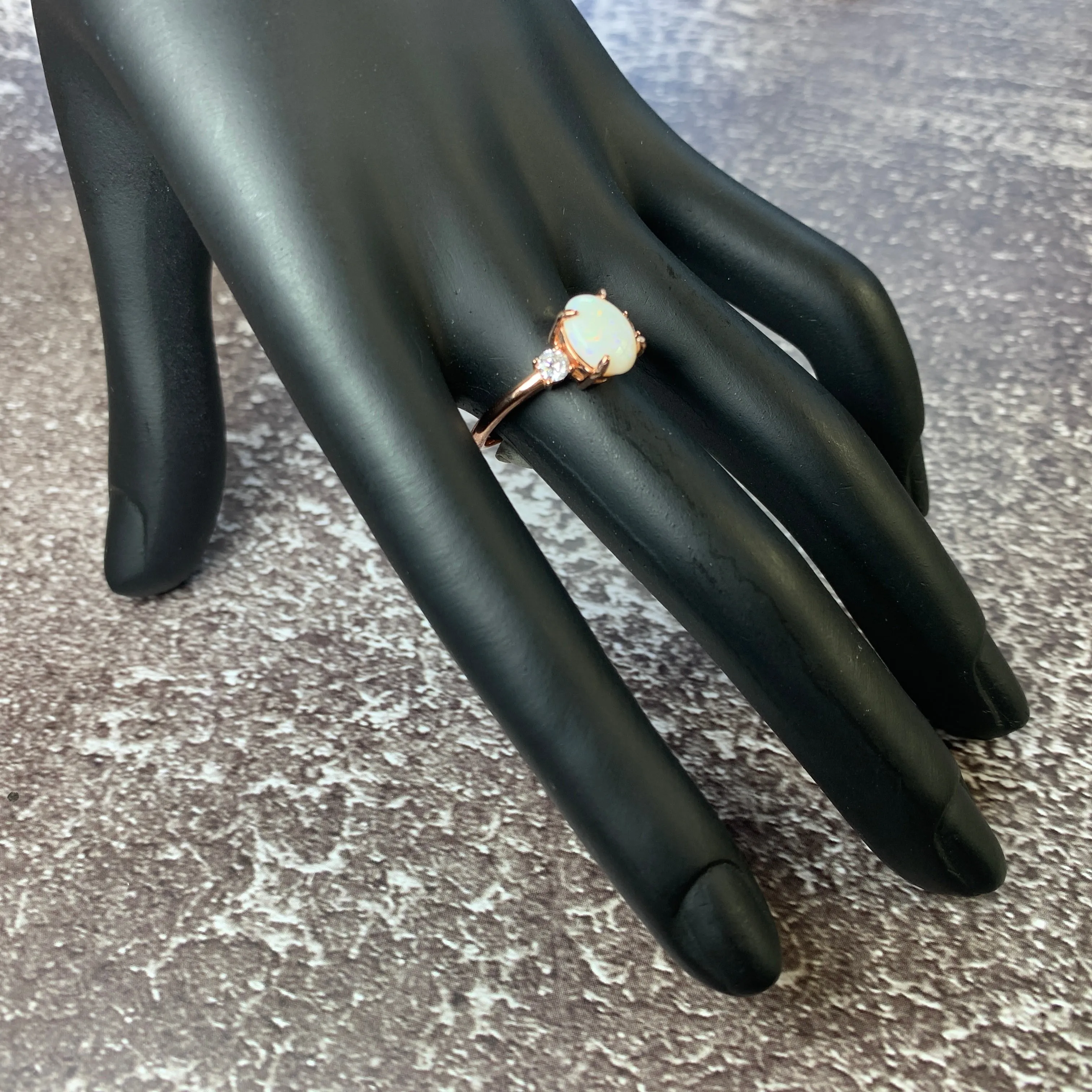 Rose Gold Plated Sterling SIlver 10x8mm White Opal ring trilogy