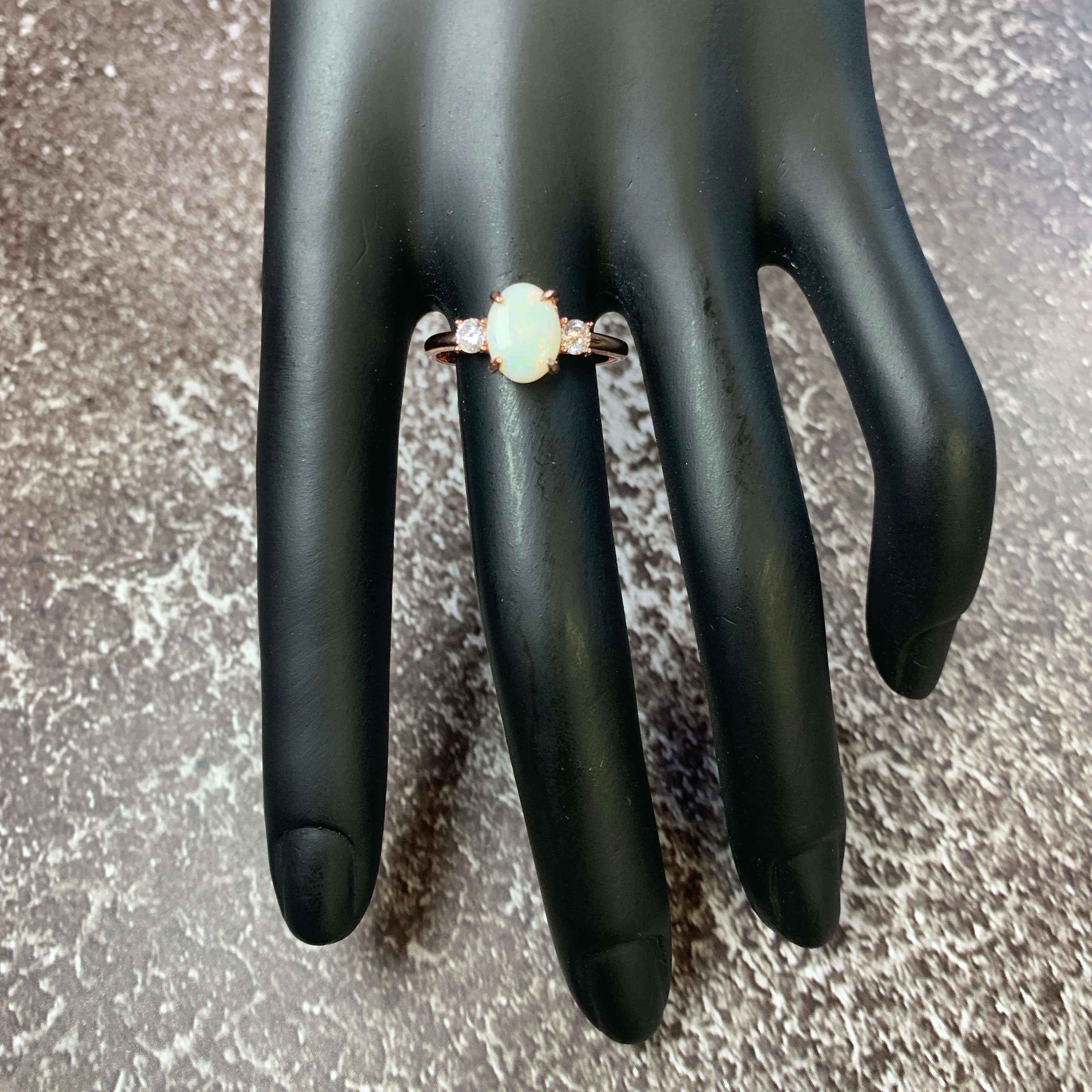 Rose Gold Plated Sterling SIlver 10x8mm White Opal ring trilogy