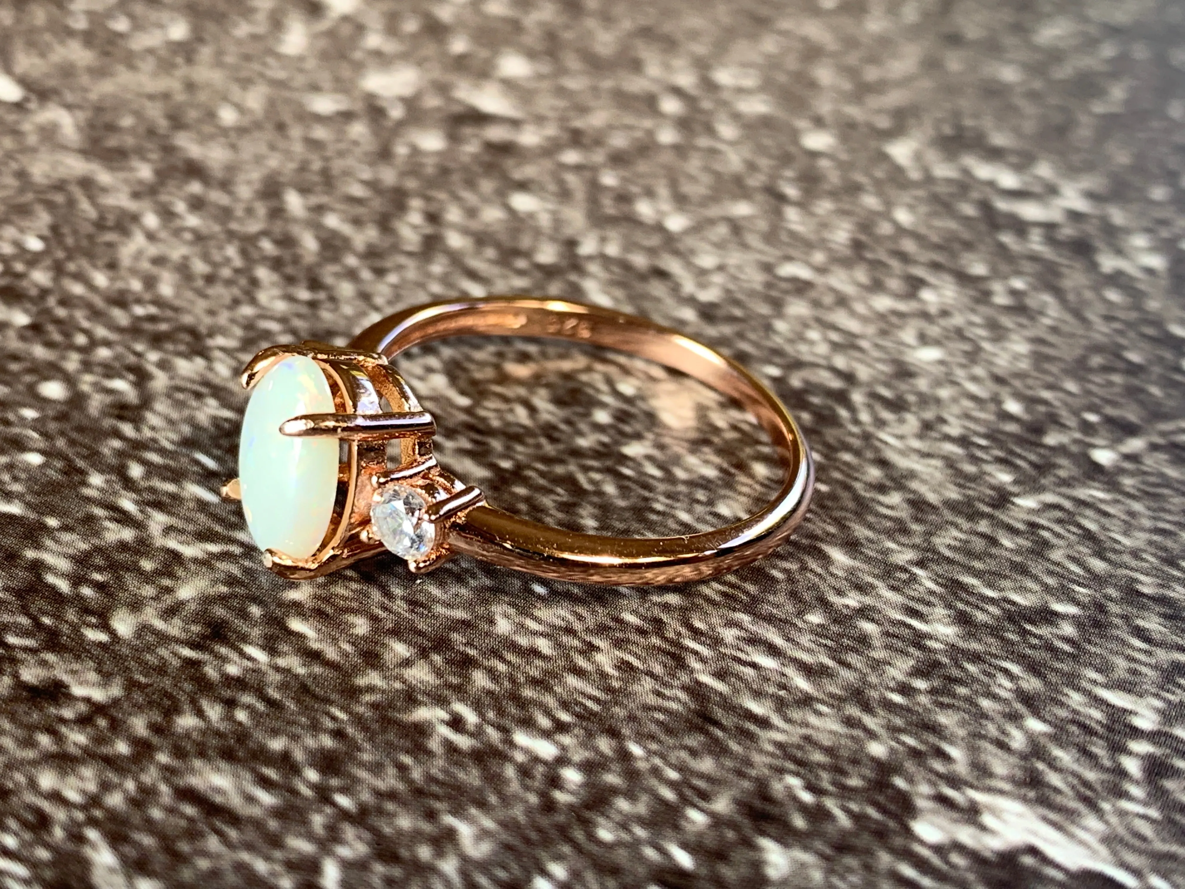 Rose Gold Plated Sterling SIlver 10x8mm White Opal ring trilogy