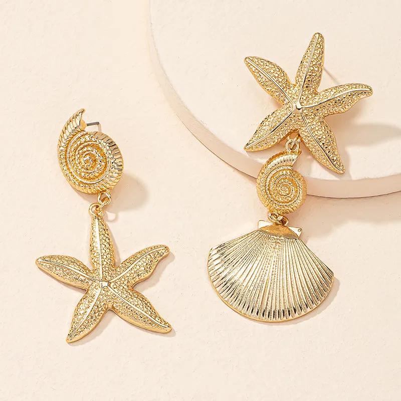 Seashell Starfish Retro Metal Earrings with Creative Twist