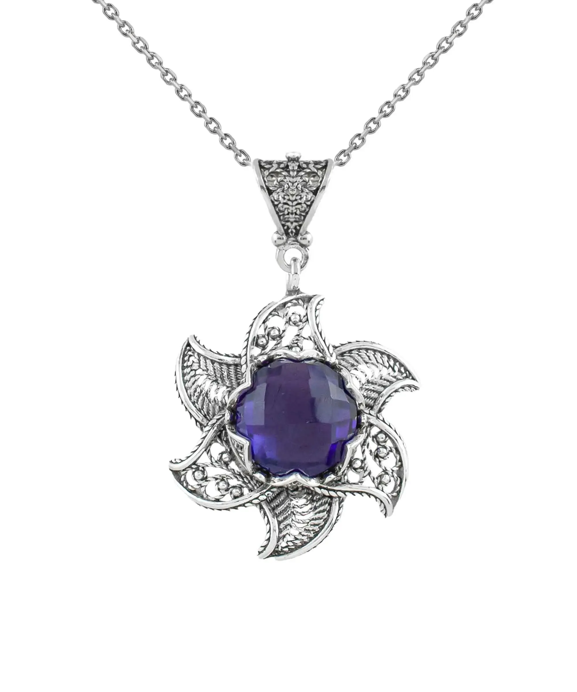 Sterling Silver Filigree Amethyst Gemstone Blossoming Lotus Flower Pendant Necklace