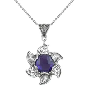 Sterling Silver Filigree Amethyst Gemstone Blossoming Lotus Flower Pendant Necklace