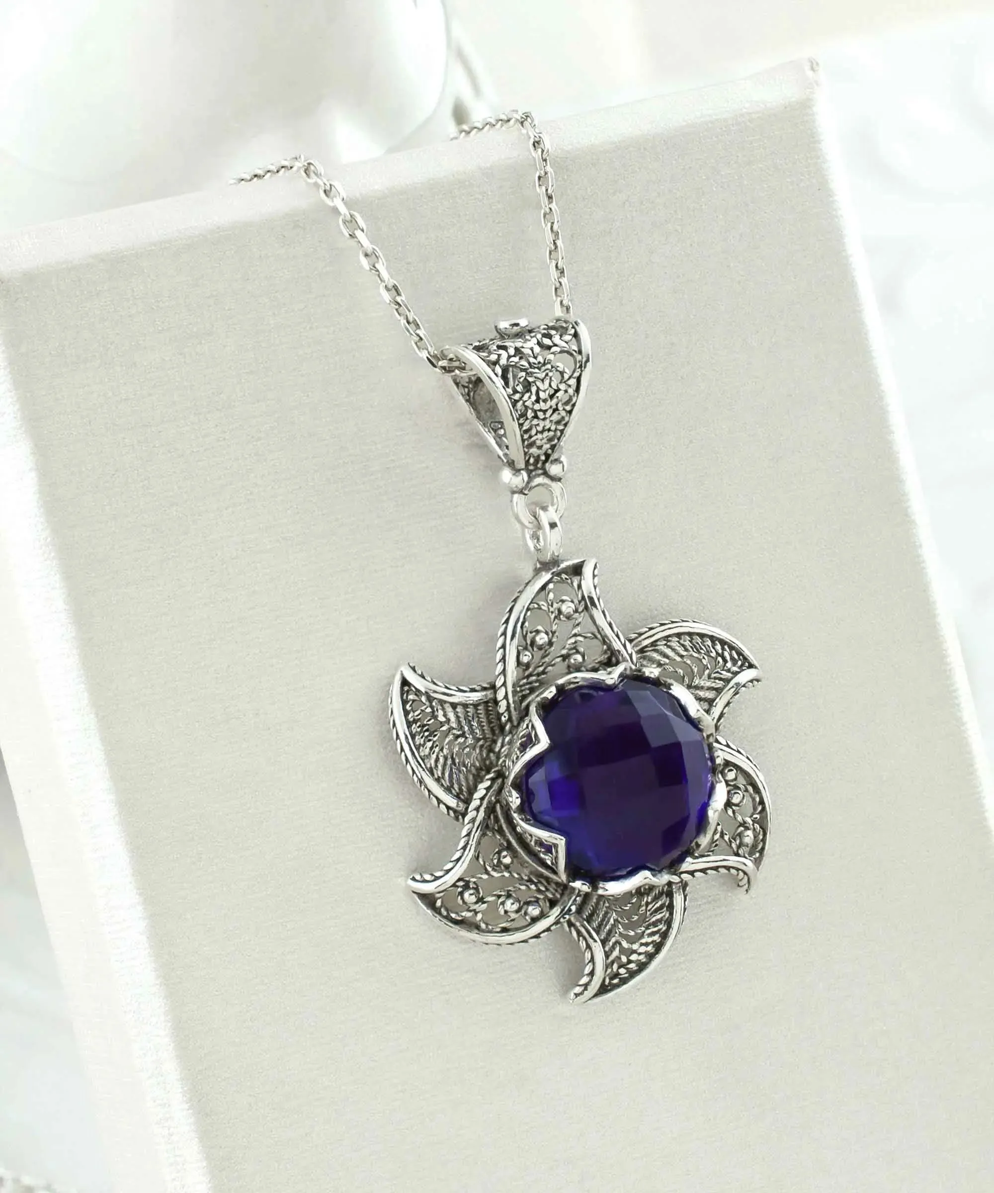 Sterling Silver Filigree Amethyst Gemstone Blossoming Lotus Flower Pendant Necklace