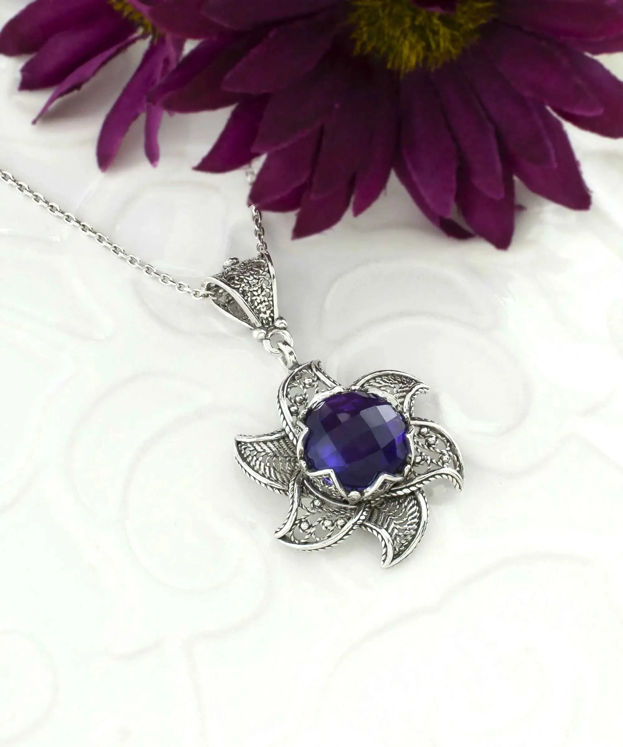 Sterling Silver Filigree Amethyst Gemstone Blossoming Lotus Flower Pendant Necklace