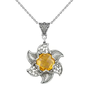 Sterling Silver Filigree Citrine Gemstone Blossoming Lotus Flower Pendant Necklace
