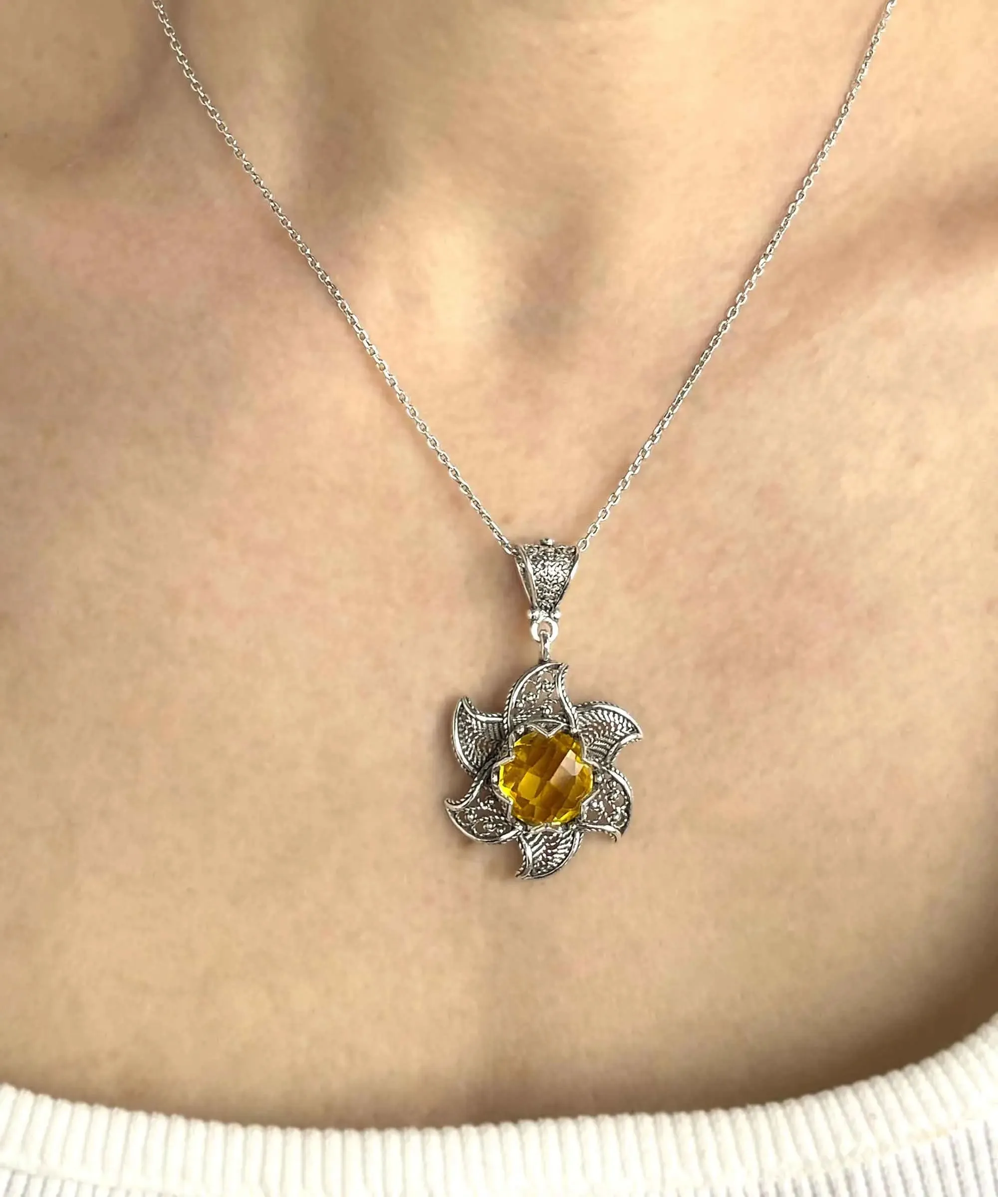 Sterling Silver Filigree Citrine Gemstone Blossoming Lotus Flower Pendant Necklace