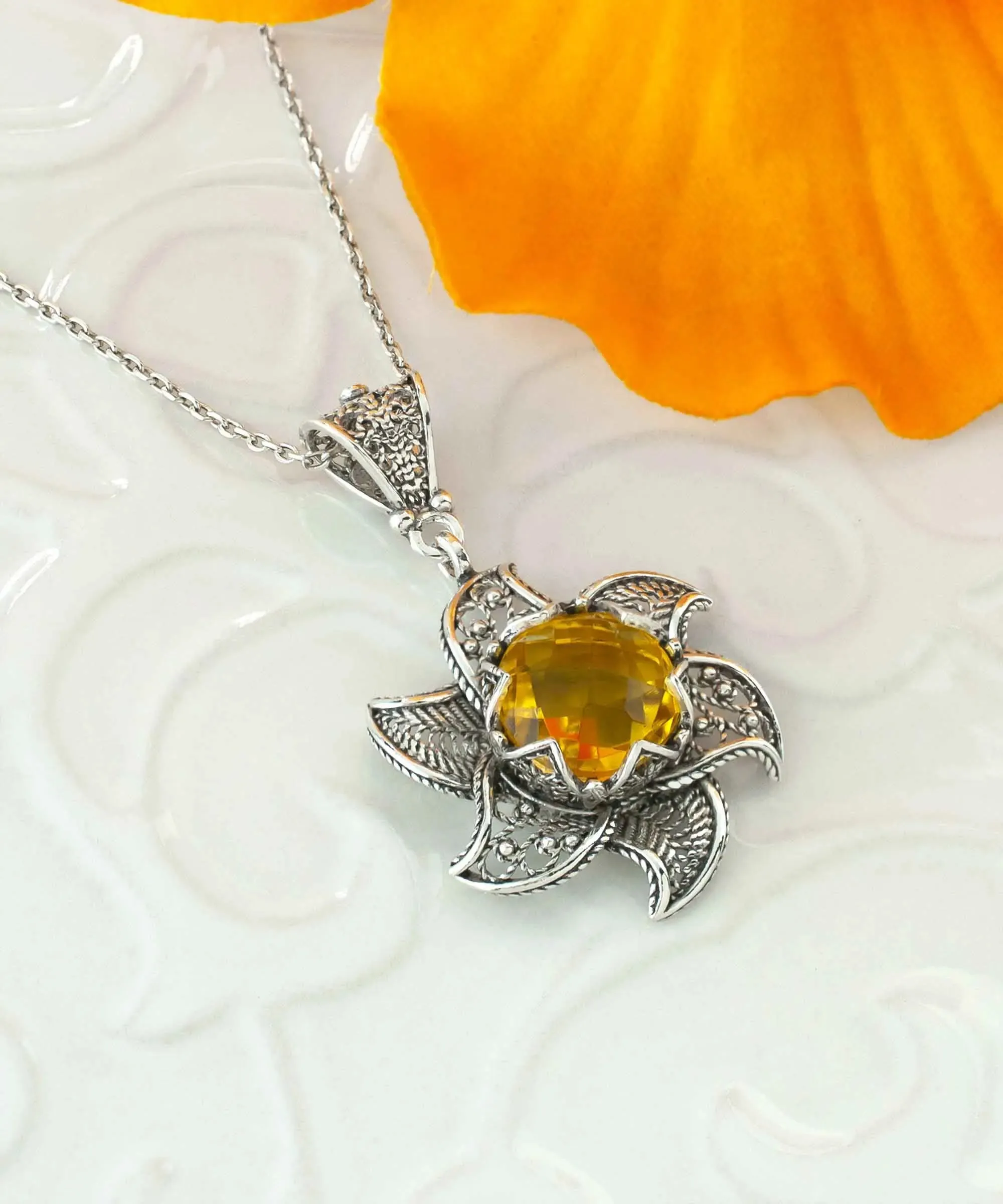 Sterling Silver Filigree Citrine Gemstone Blossoming Lotus Flower Pendant Necklace