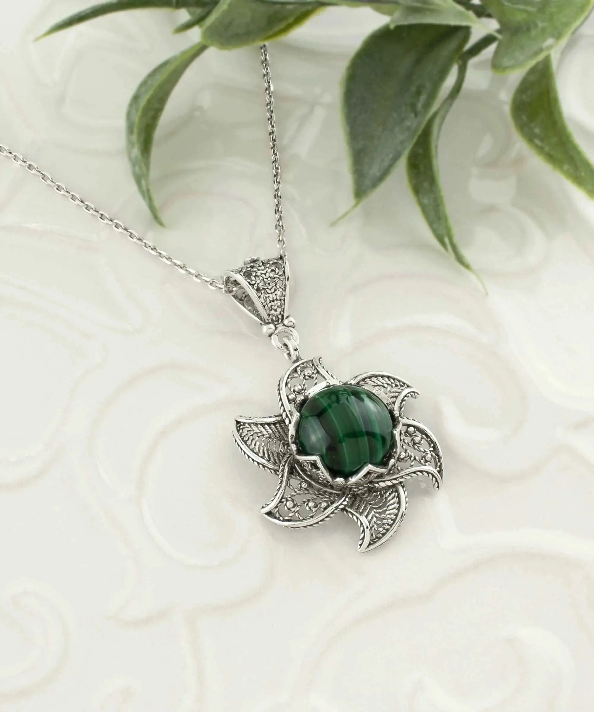Sterling Silver Filigree Malachite Gemstone Blossoming Lotus Flower Pendant Necklace