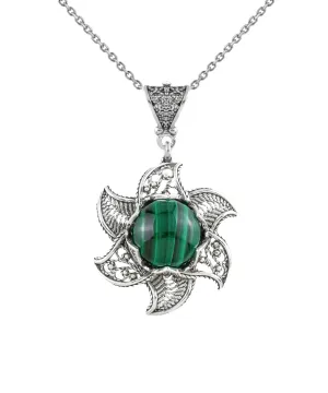 Sterling Silver Filigree Malachite Gemstone Blossoming Lotus Flower Pendant Necklace