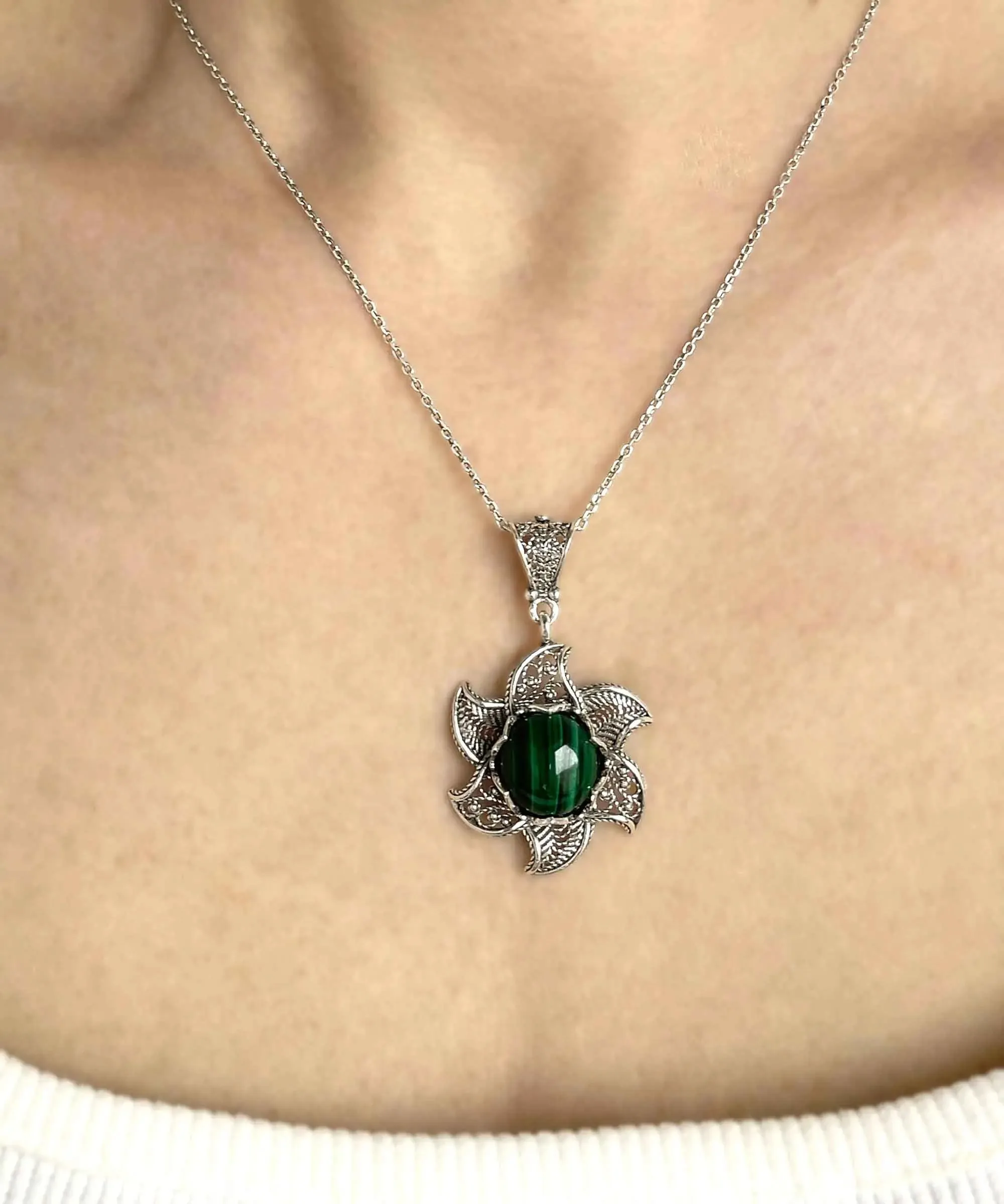 Sterling Silver Filigree Malachite Gemstone Blossoming Lotus Flower Pendant Necklace