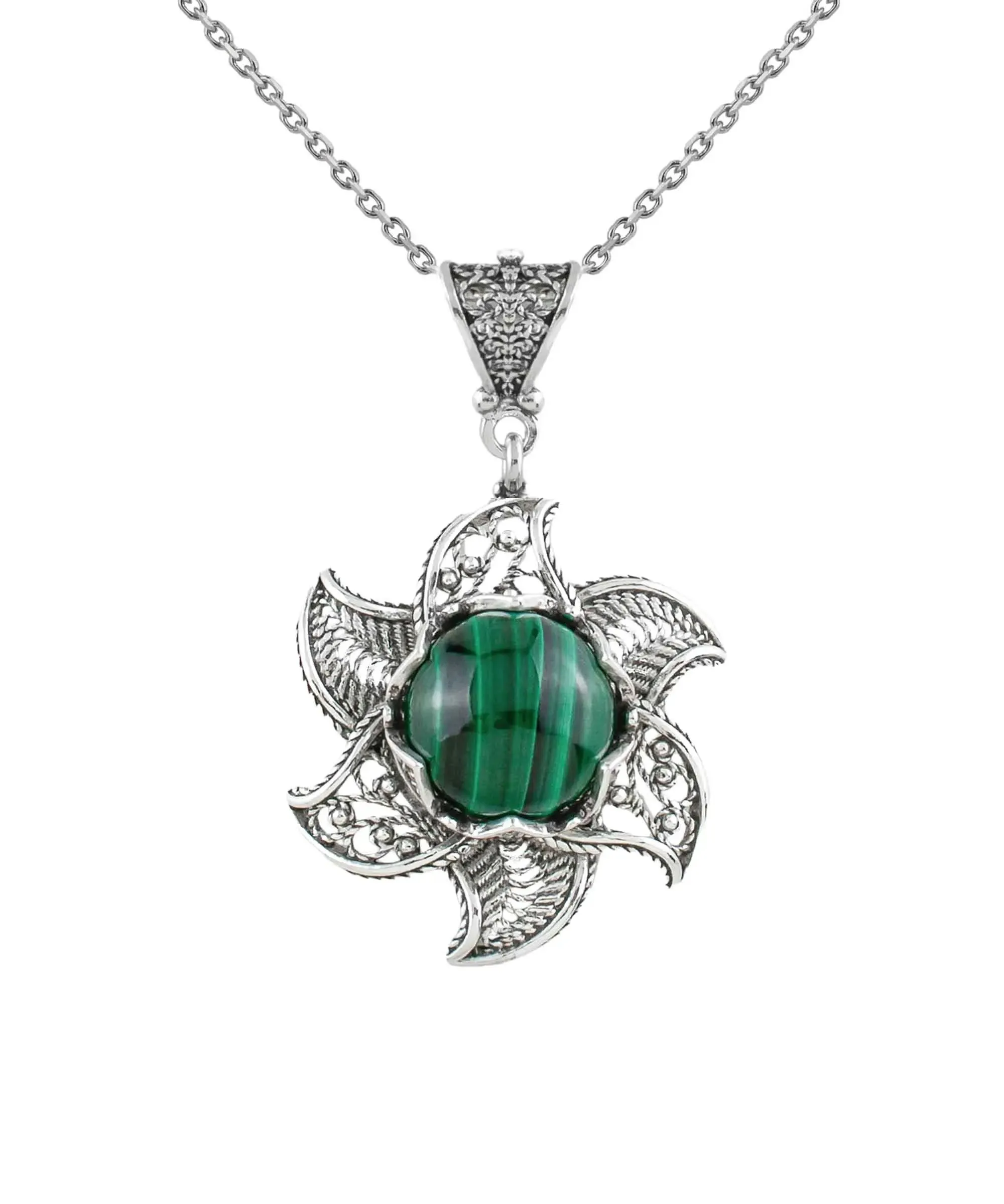 Sterling Silver Filigree Malachite Gemstone Blossoming Lotus Flower Pendant Necklace