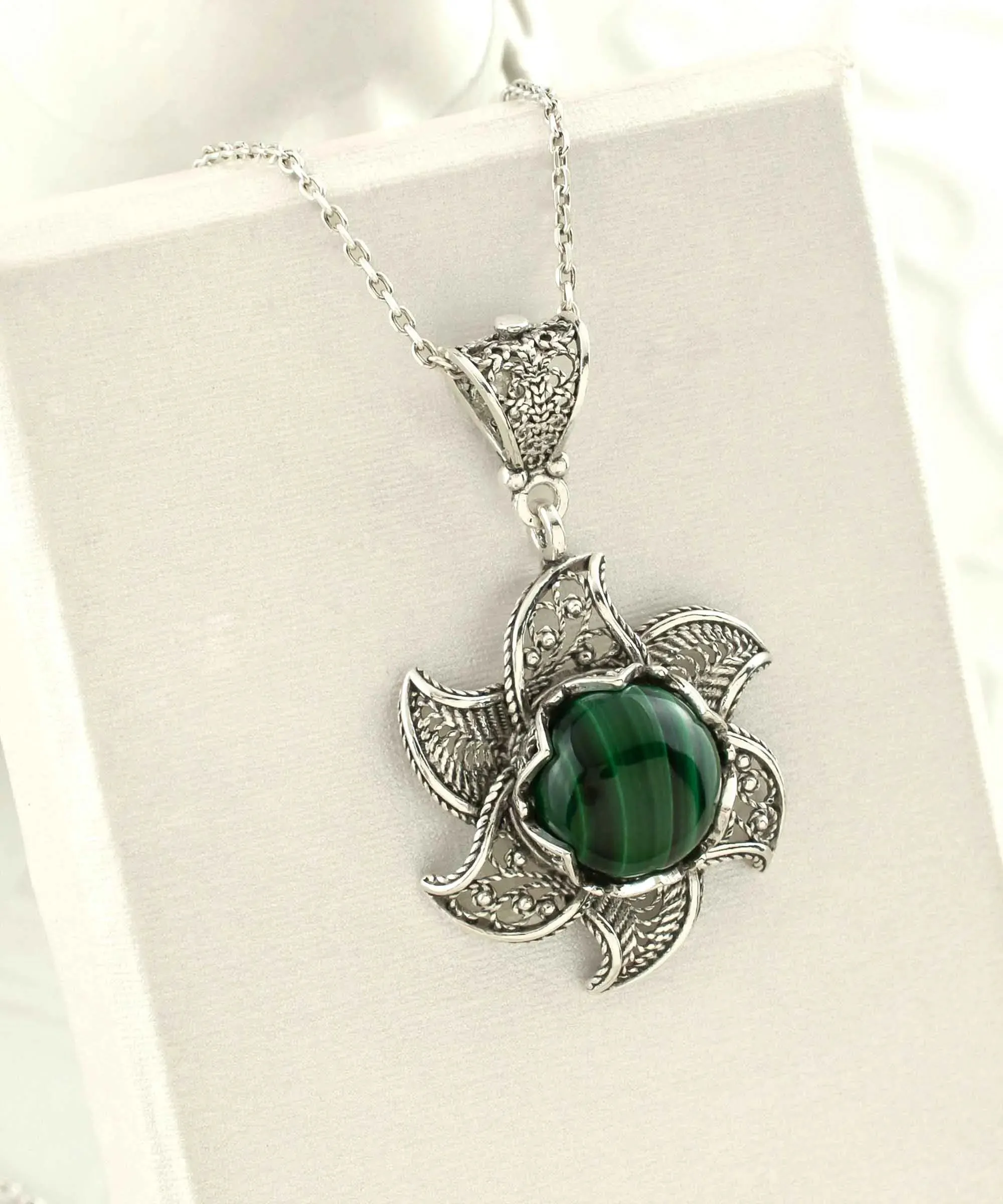Sterling Silver Filigree Malachite Gemstone Blossoming Lotus Flower Pendant Necklace