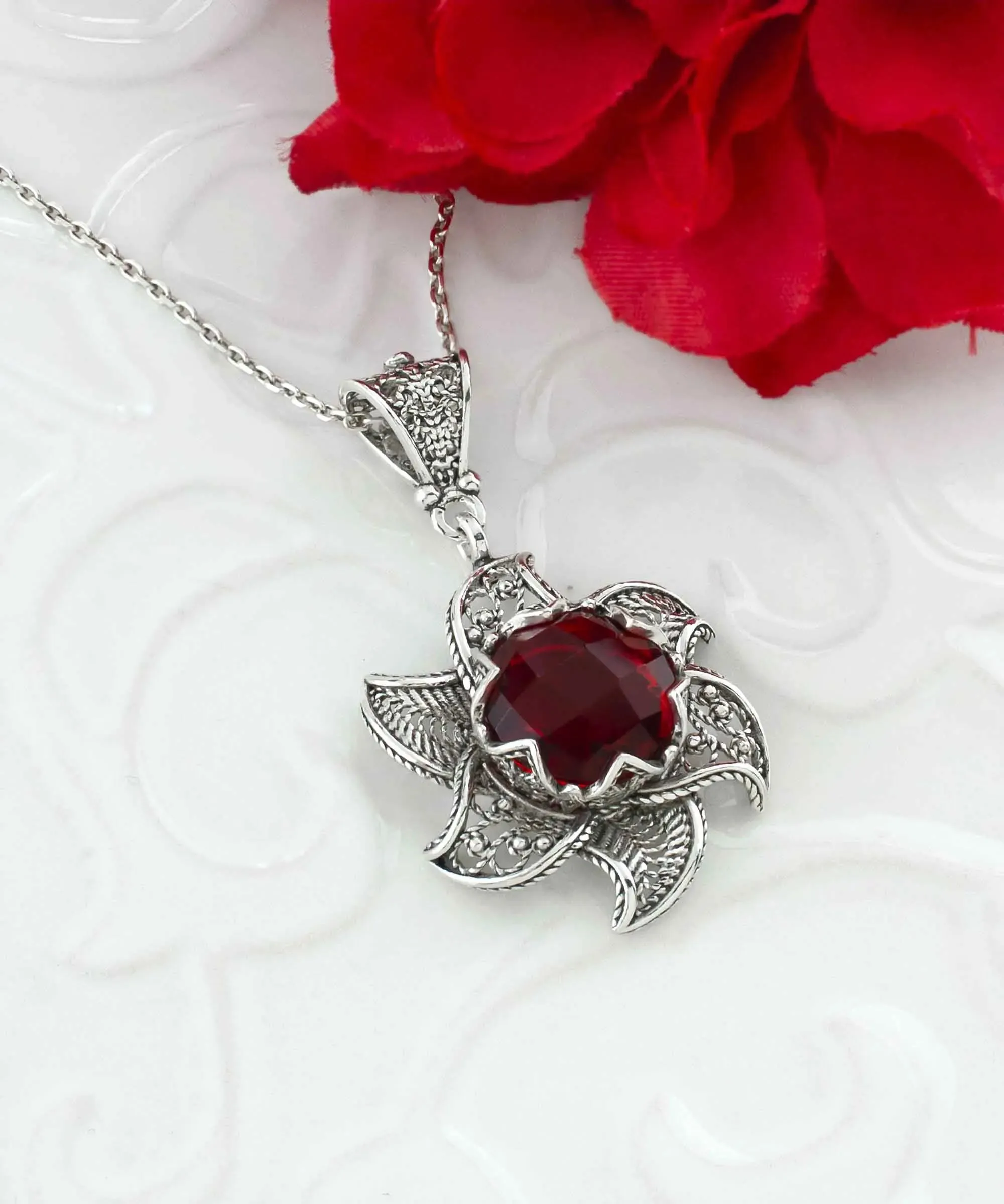 Sterling Silver Filigree Ruby Gemstone Blossoming Lotus Flower Pendant Necklace