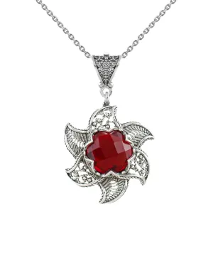 Sterling Silver Filigree Ruby Gemstone Blossoming Lotus Flower Pendant Necklace