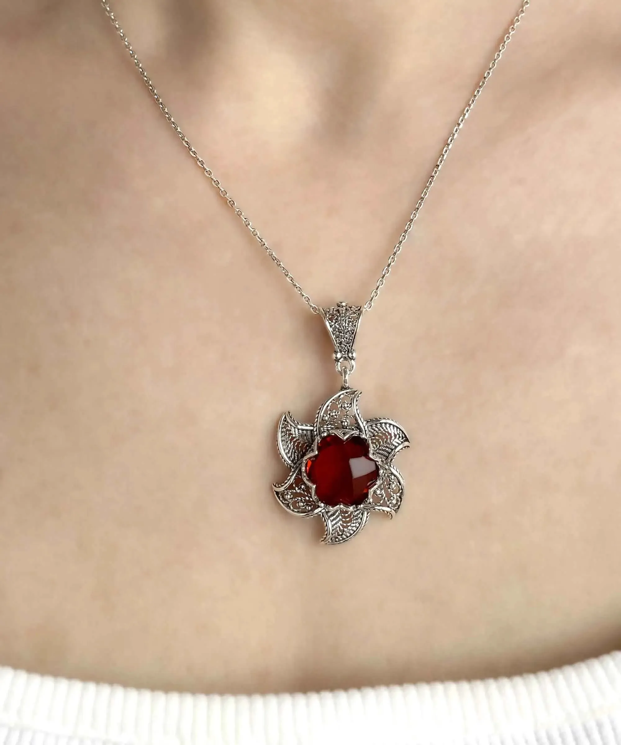 Sterling Silver Filigree Ruby Gemstone Blossoming Lotus Flower Pendant Necklace