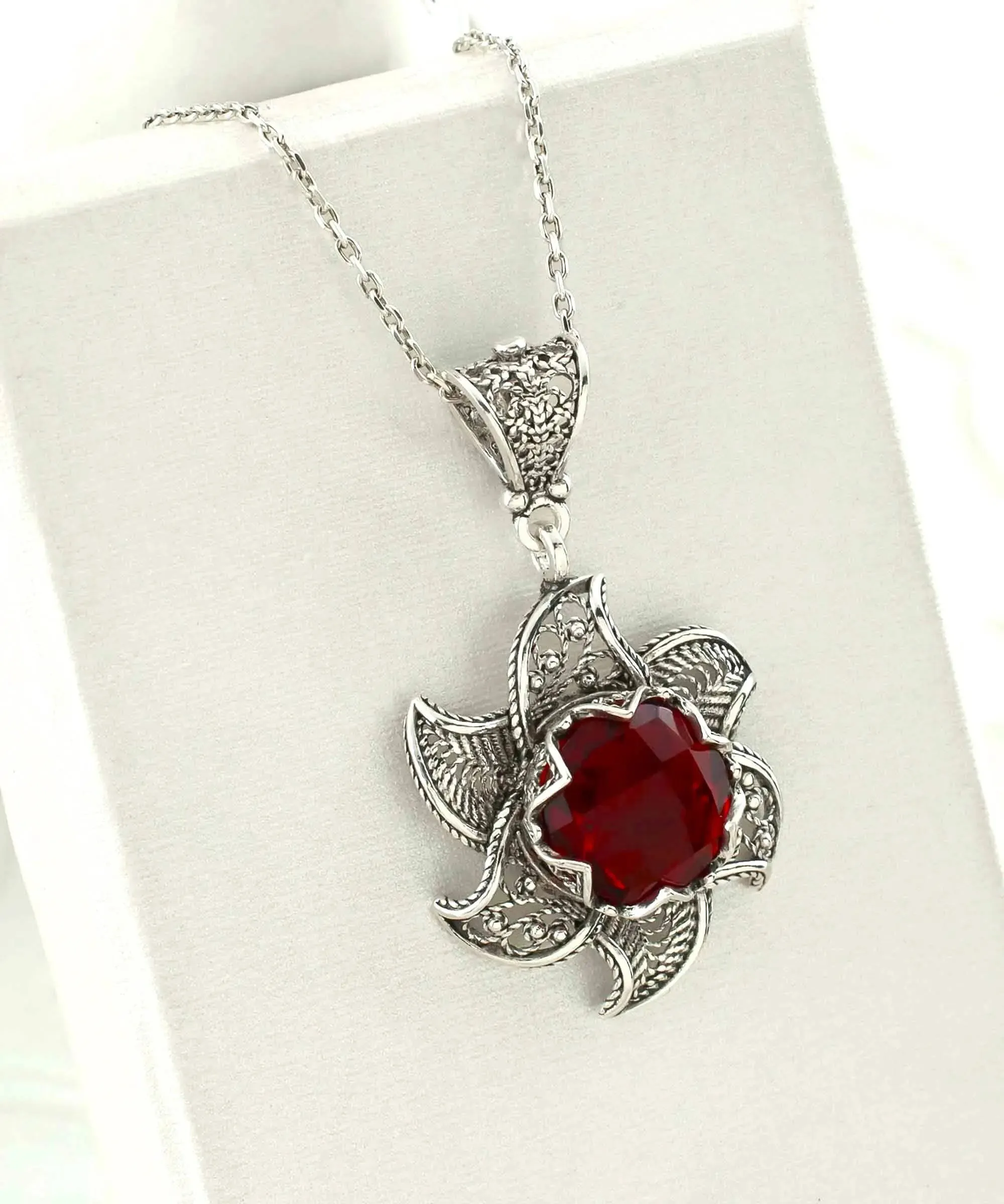 Sterling Silver Filigree Ruby Gemstone Blossoming Lotus Flower Pendant Necklace