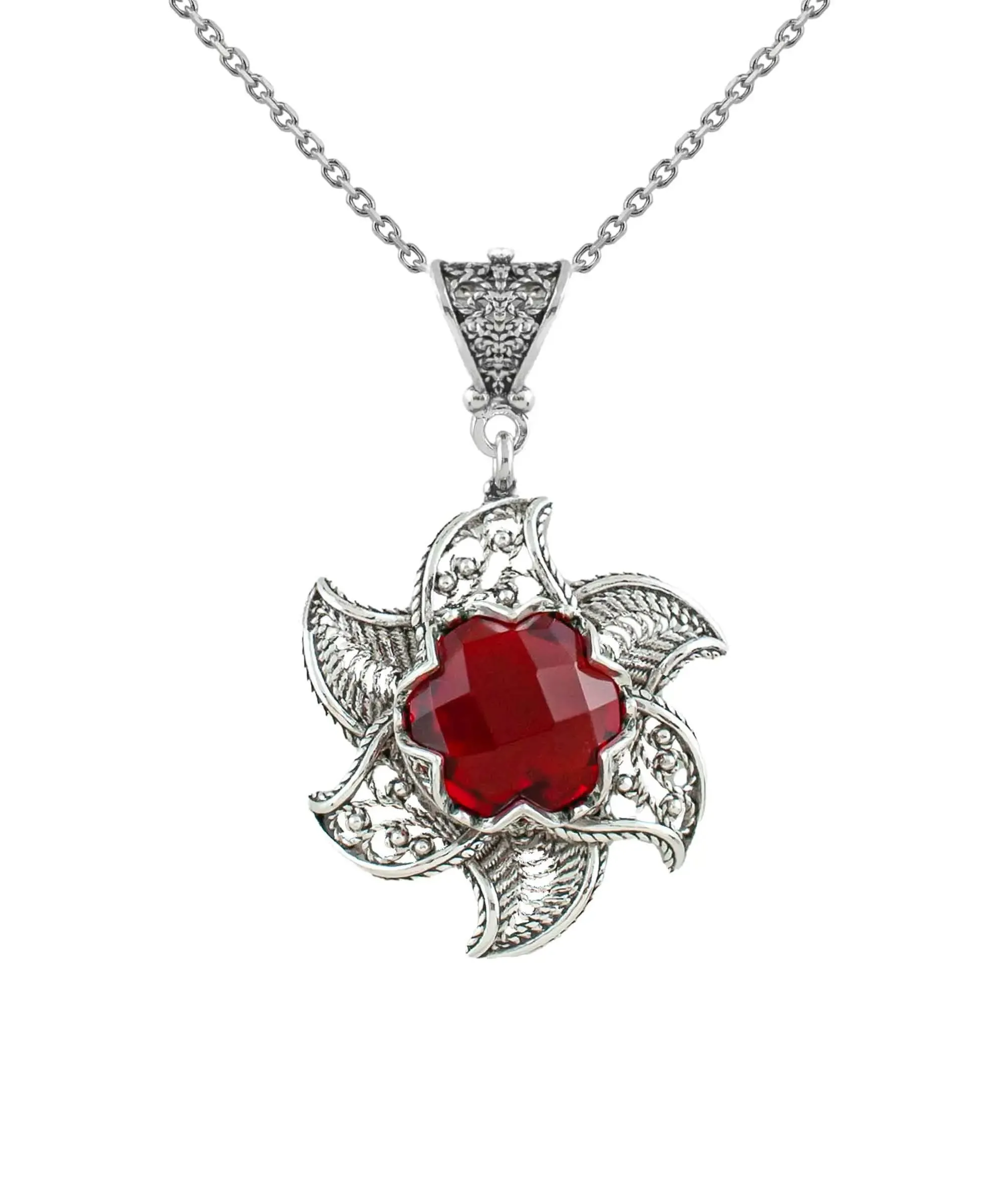 Sterling Silver Filigree Ruby Gemstone Blossoming Lotus Flower Pendant Necklace