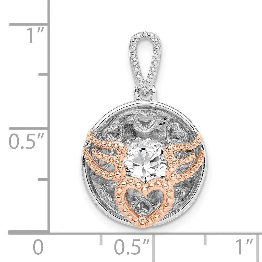 Sterling Silver Rhod-plated & Rose-tone Heart & Wings w/Vibrant CZ Pendant