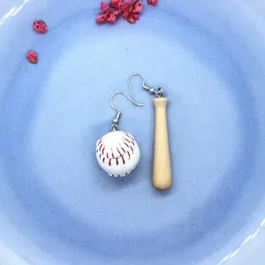 Stitched Ball Earrings, Baseball Earrings, Ball And Bat Earrings, Gift Idea Realistic Bat Funny Sport Earrings, Unusual Jewelry Gift For Her