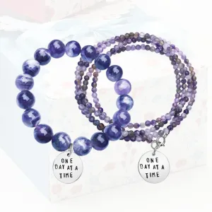 Stress Jewelry Set: One Day at a Time - Inspirational Amethyst Bracelet and Wrap Duo
