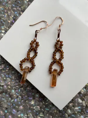 Tangerine Aura Quartz Gemstone Crystal Weave Beaded Rose Gold Earrings