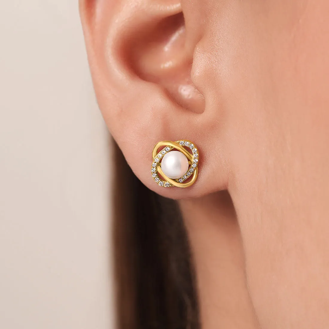 Timeless Elegance Pearl-CZ 925 Sterling Silver Gold Plated Stud Earrings