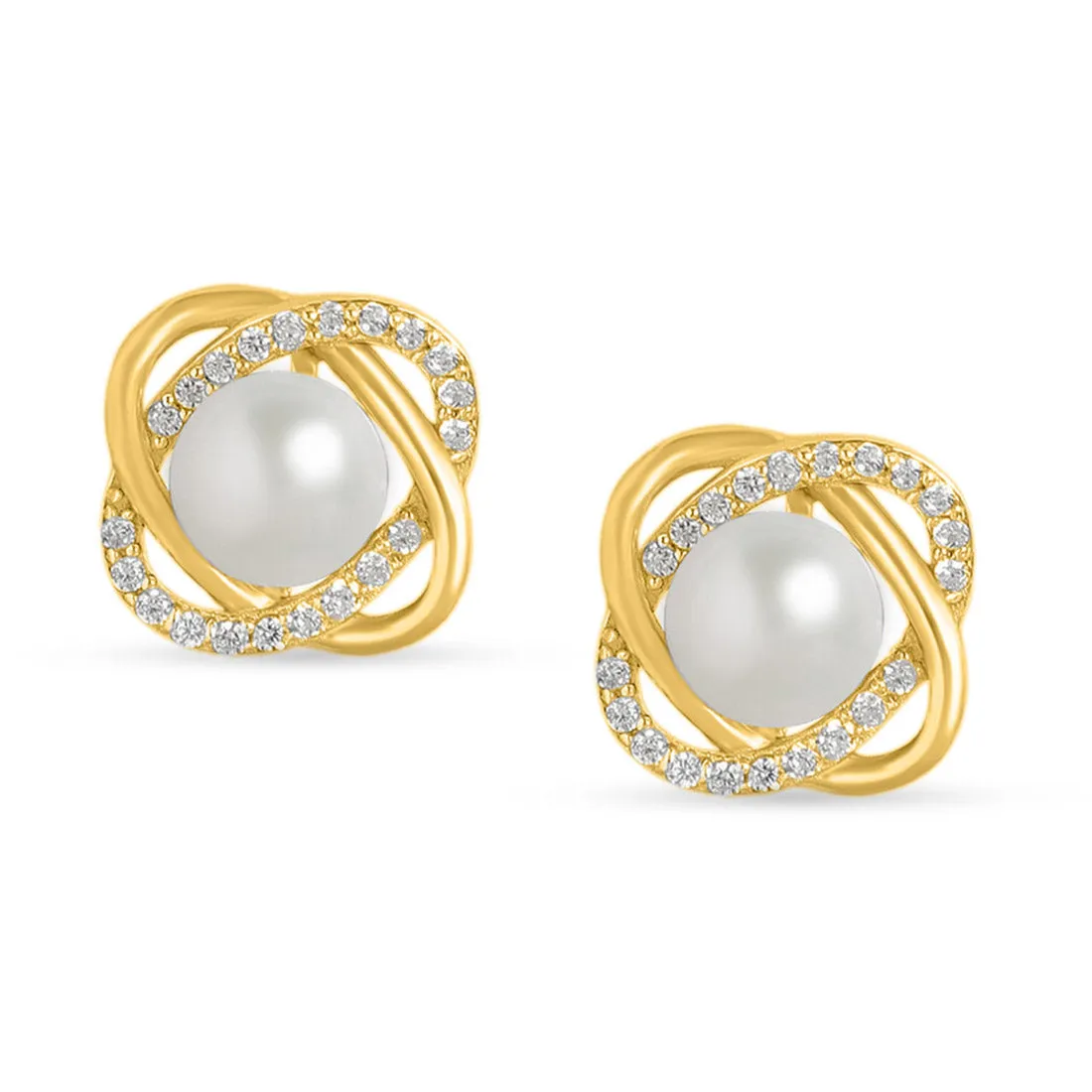 Timeless Elegance Pearl-CZ 925 Sterling Silver Gold Plated Stud Earrings