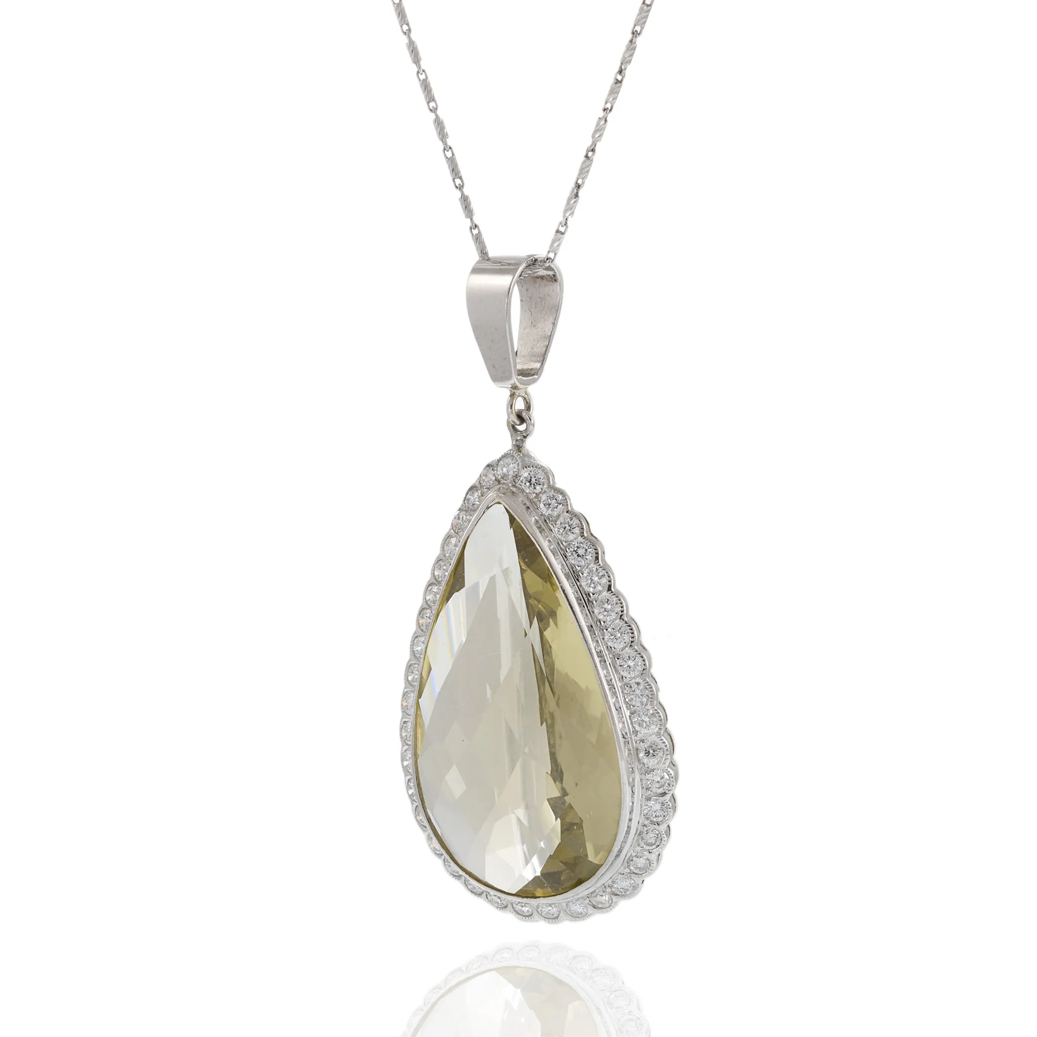 Vintage Retro Era 18KT White Gold Lemon Citrine and Diamond Pendant Necklace