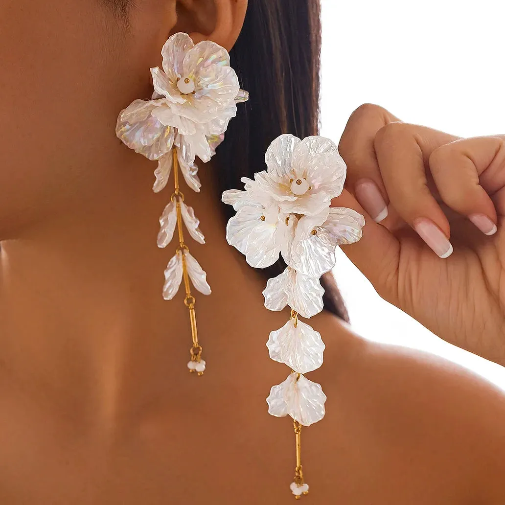 White Petal Flower Drop Earrings