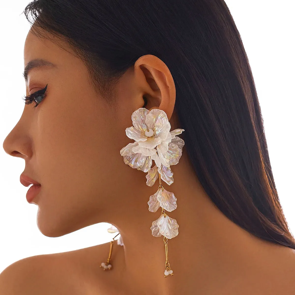 White Petal Flower Drop Earrings