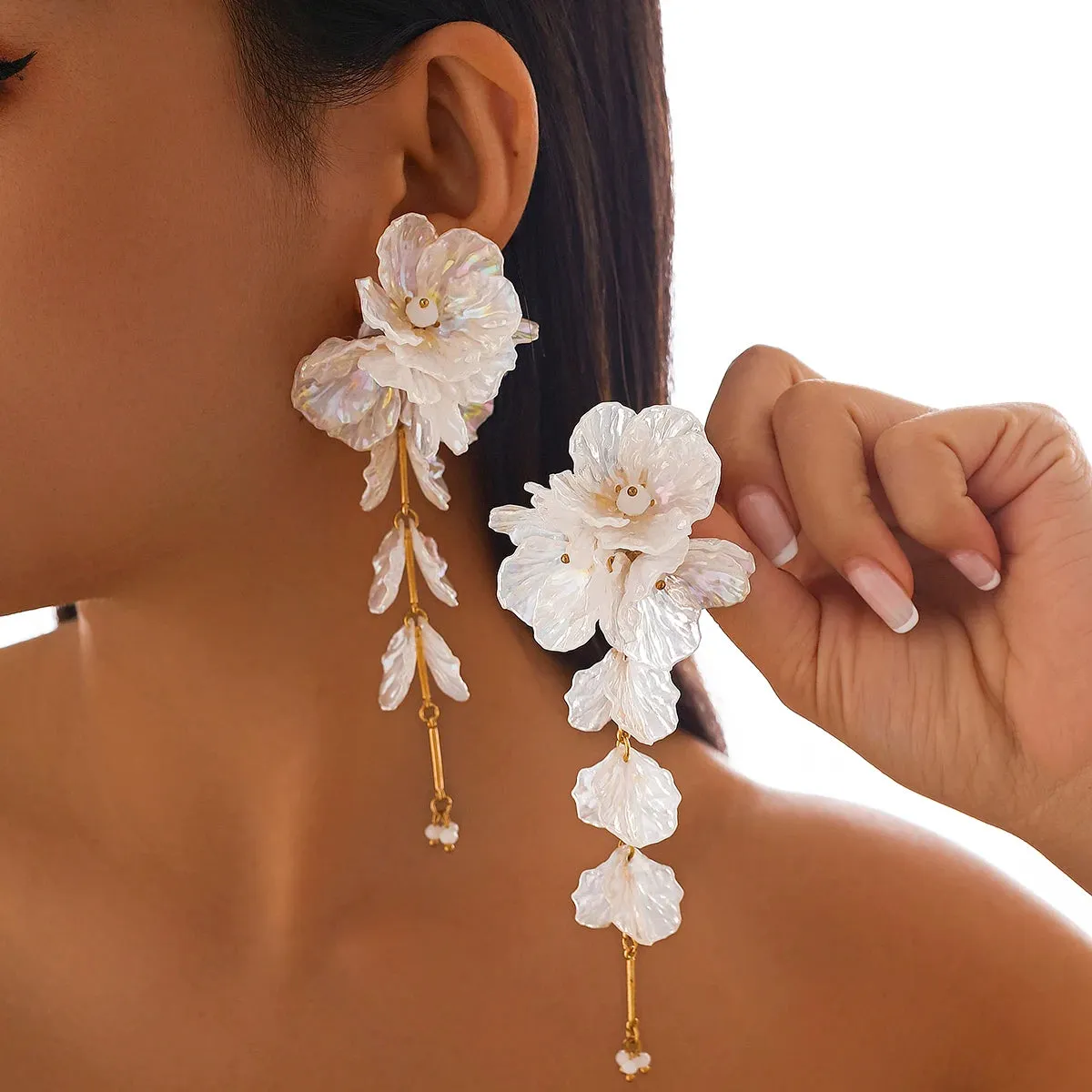 White Petal Flower Drop Earrings