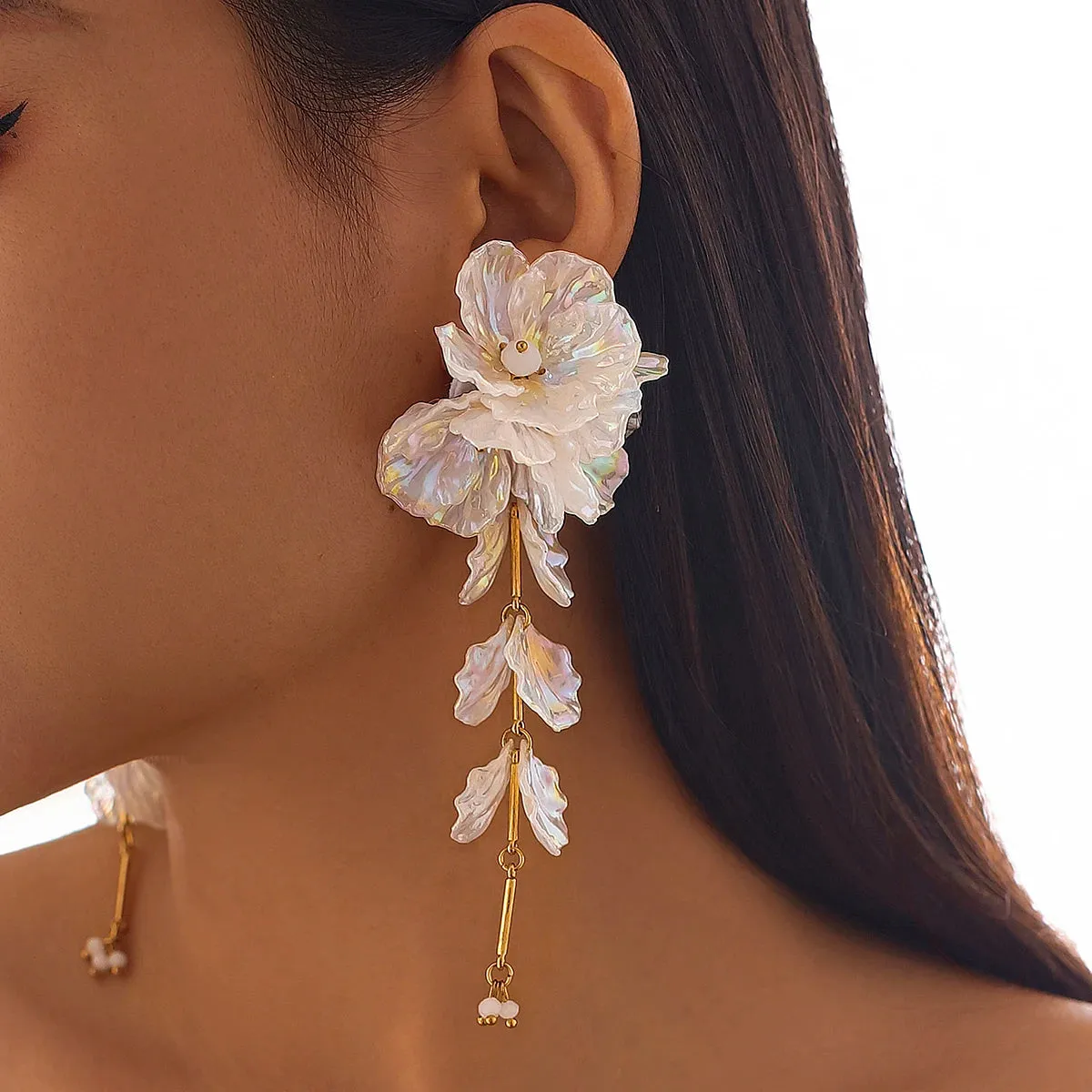 White Petal Flower Drop Earrings