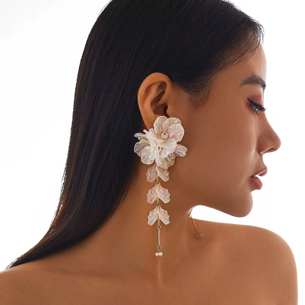White Petal Flower Drop Earrings