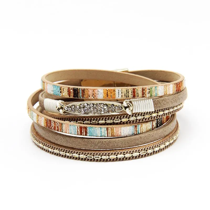 Women Leather Bracelet With Gold Color Rhinestones