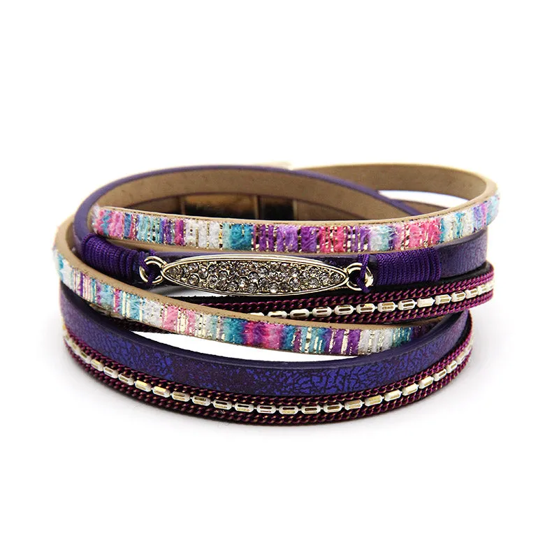 Women Leather Bracelet With Gold Color Rhinestones