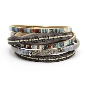 Women Leather Bracelet With Gold Color Rhinestones
