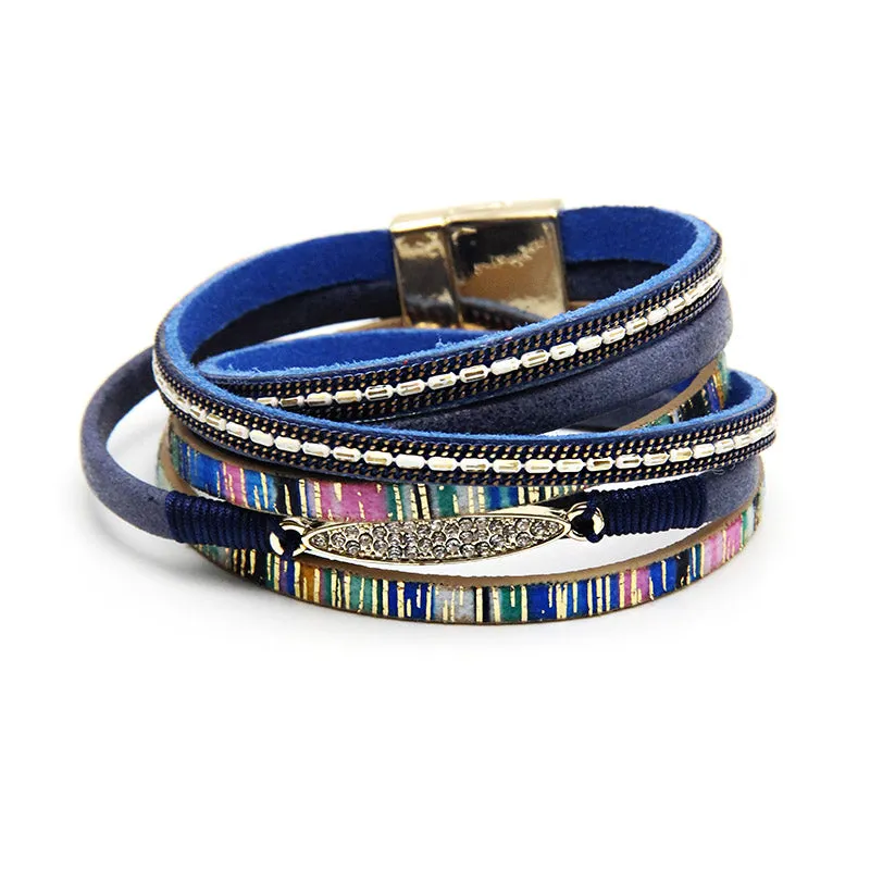 Women Leather Bracelet With Gold Color Rhinestones