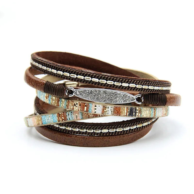 Women Leather Bracelet With Gold Color Rhinestones