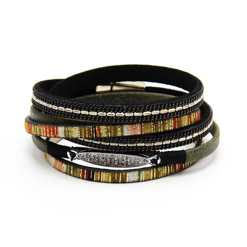 Women Leather Bracelet With Gold Color Rhinestones