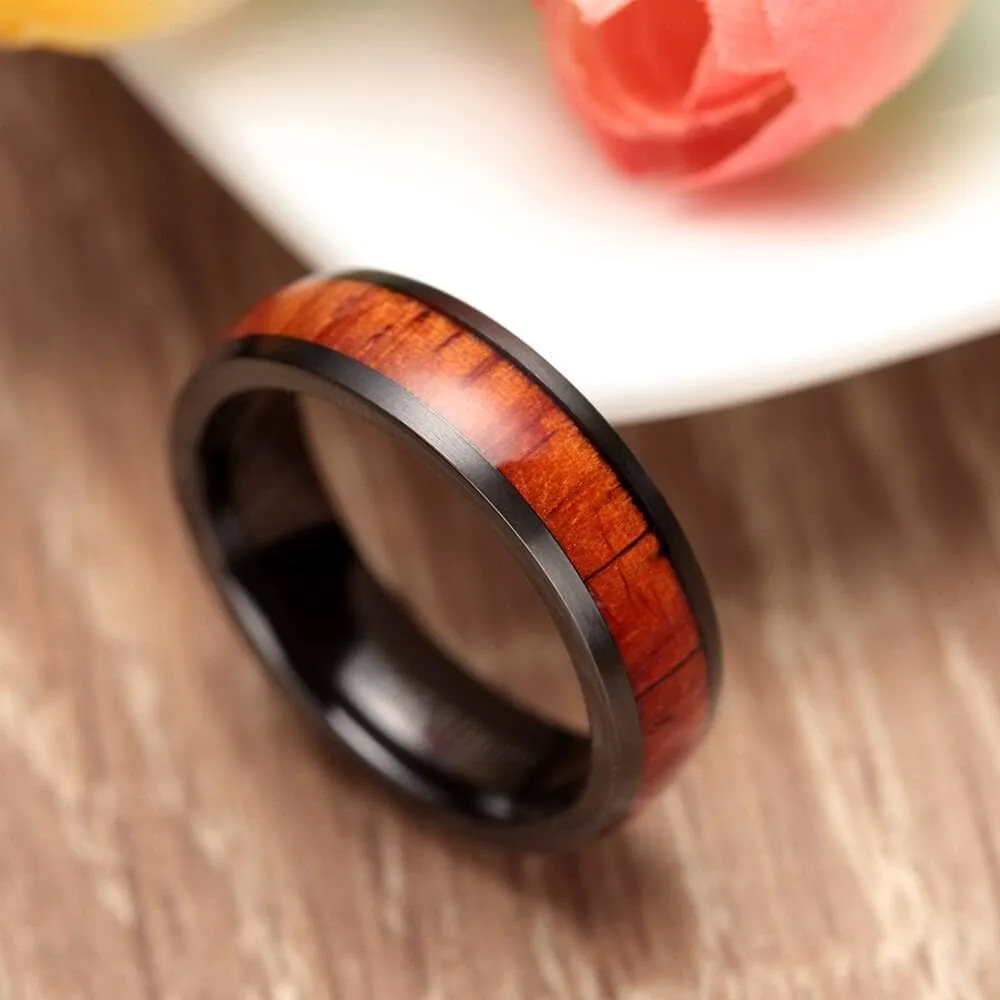 Wooden Black Titanium Domed Wedding Band