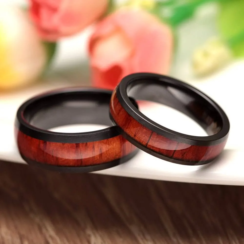 Wooden Black Titanium Domed Wedding Band
